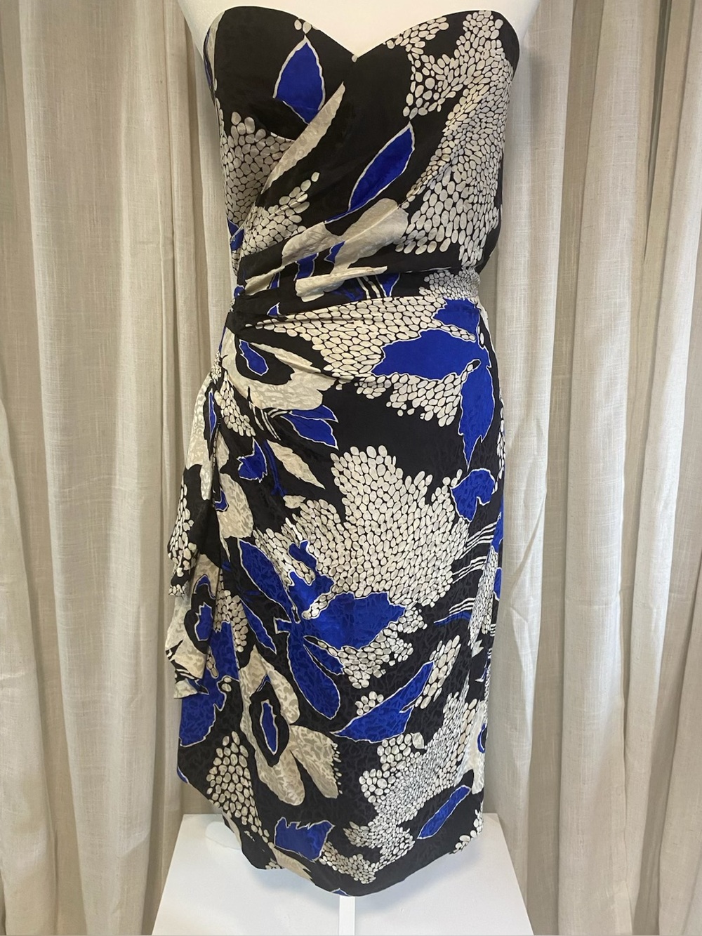 Frank Usher Retro 1950s style black, white, blue silk wrap dress.